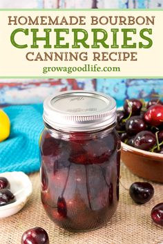 homemade bourbon cherries canning recipe in a mason jar with fresh cherries on the side