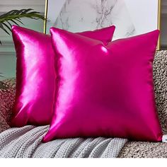 two pink pillows sitting on top of a couch next to a framed photograph and plant