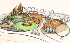 an artistic rendering of a park with a water slide