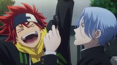 two anime characters with blue hair and one is holding his hand up to the other