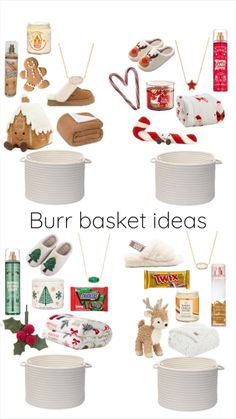 several baskets filled with different types of holiday gifts and items to put on the basket