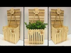 three pictures of a planter made out of wooden slats with flowers on the top