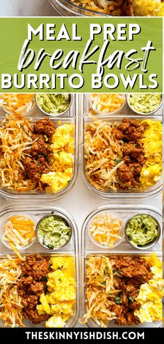 meal prep for breakfast burrito bowls with text overlay