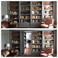 two pictures of the same room with bookshelves