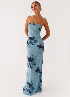 Field Of Dreams Maxi Dress - Blue Black Floral Blue Floral Gown, Peppermayo Dress, The Afterparty, Hen Party Dress, Hen Party Outfits, Blue Floral Dress, Field Of Dreams, Floral Gown, Strapless Neckline