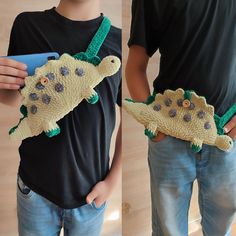 two pictures of a person holding a cell phone in their hand and wearing a crocheted alligator belt