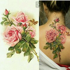 a woman's back tattoo with pink roses on her upper and lower back tattoos