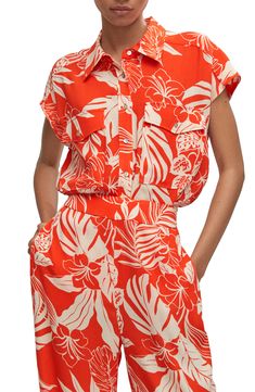 A vibrant tropical print lends beach-ready vibes to this cap-sleeve shirt featuring a smart point collar. Point collar Cap sleeves Chest button-patch pockets Curved hem !00% viscose Machine wash, line dry Imported Casual Collared Blouse With Tropical Print, Summer Floral Print Shirt For Workwear, Collared Blouse With Tropical Print For Summer, Tropical Short Sleeve Blouse, Cap Sleeve Shirt, Florida Style, Beach Ready, Tropical Print, Cap Sleeves