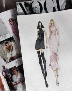 a drawing of two women in dresses and boots on top of a magazine page with photos of the same woman