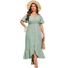 Embrace the charm of summer with the WhizMax Women's Plus Size High Low Floral Maxi Dress. This enchanting green dress features a vibrant floral pattern that adds a touch of nature-inspired beauty to your wardrobe. Perfect for any sunny day outing, its high-low ruffle hem and flattering V-neck design provide a stylish, feminine silhouette.

- Gender: Female
- Age Group: Adult
- Color: Green
- Material: Not specified
- Size: 3XL
- Features: Short sleeves, V-neck, high-low ruffle hem, floral patte Light Green V-neck Summer Dress, Green Bohemian Midi Floral Dress, Short Sleeve Floral Midi Dress For Beach Season, Floral Print Short Sleeve Midi Dress For Beach Season, Green Floral Print Midi Dress For Beach Season, Green Maxi Dress With Floral Print For Garden Party, Green Bohemian Floral Maxi Dress, Green Bohemian Maxi Floral Dress, Casual Light Green V-neck Dress