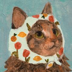 a painting of a cat wearing a white shirt with flowers on it's chest