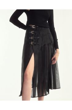 Pleated Kilk Silk Organza Skirt Round neck Sleeveless Rib trim Pullover style Relaxed fit Sheer Black Skirt, Frill Skirt Outfit, Organza Midi Skirt, Adjustable Skirt, Buckle Skirt, Kilt Skirt, Organza Skirt, Overlay Skirt, Outfit Wedding Guest