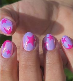 Hot Pink Easter Nails, Bright Nail Ideas Summer, Fun Pink Summer Nails, Pink And Blue Nails Short, P!nk Nails, Short Hot Pink Nails With Design, Hot Pink And Purple Nails, Colourful Nails Designs, Bright Summer Nails Short