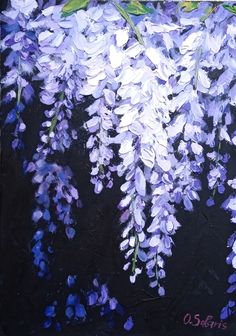 a painting of purple flowers on a black background