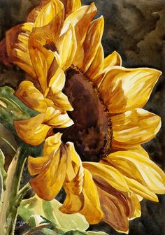 a painting of a yellow sunflower with green leaves