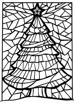 a stained glass christmas tree in black and white