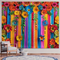 colorful paper flowers and ribbons on a wall