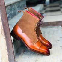 Handmade+Men’s+Tan+&+Brown+Color+Cap+Toe+Boots,+Leather+&+Suede+Ankle+High+Dress+Lace+Up+Boots+    Boots+Detail  Upper:+High+Quality+Leather+&+Suede  Inner:+soft+leather  Sole:Leather  Gender:Male  Heel:Leather  Totally+Hand+stitched  Manufacturing+time+7-10+business+days  If+you+can’t+find+your+... Ankle Lace Up Boots, Quality Leather Boots, Cap Toe Boots, Handmade Boots, Slipon Shoes, Brogue Boots, Custom Design Shoes, Handmade Boot, Dress Boots