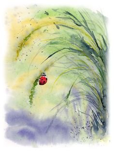 a watercolor painting of a ladybug sitting on top of some tall grass