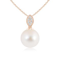 A simple diamond studded leaf motif adds an instant dose of elegance to this solitaire pearl pendant in 14K rose gold. Hanging from a diamond studded leaf-shaped bale, the round Freshwater cultured pearl is the focal point of this piece. The fine milgrain finish on the leaf completes the classic look of this pearl dangle pendant. Solitaire Diamond Pendant, Simple Diamonds, Solitaire Pendant Necklace, Jewellery Inspiration, Leaf Motif, Cultured Pearl Necklace, Pearl Jewellery, White Gold Chains, Bracelet Earring Set