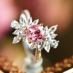 •Condition: Brand new•Center Stone: Natura Pink Spinel from Tanzania, Cushion Cut,  approx 1.16ct, 6.3 x 5.3mm (VVS Clarity)•Side Stone:Natural White Sapphire, Marquise cutNatural White Diamond, Round Cut (VS1 clarity and F color) •Metal Purity: Optional Each piece is made-to-order with care and special attention to detail. all items are made with conflict-free diamonds and gems.The item will be gift wrapped and shipped.---------------------------------------------------------Available in :14k R Elegant Pink Cluster Diamond Ring, Luxury Pink Marquise Ring, Formal Pink Flower-shaped Rings, Fine Jewelry Flower Ring With Accent Stones, Fine Jewelry Floral Rings With Accent Stones, Exquisite Flower Shaped Gemstone Rings, Pink Diamond Flower Shaped Ring, Pink Cluster Ring For Gifts, Elegant Pink Cluster Rings