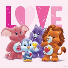 several stuffed animals are standing in front of the word love