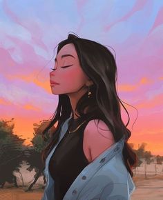 a painting of a woman with her eyes closed, standing in front of a sunset