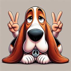 a cartoon dog with peace signs on it's head sitting in front of a gray background