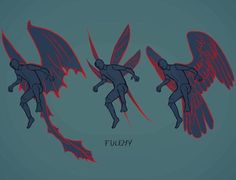 three different angles of an angel's body and wings, with the words fueny on it