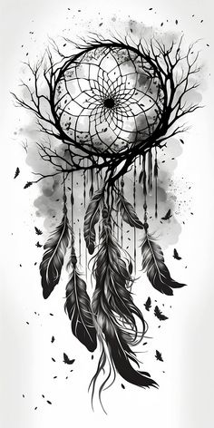 a black and white drawing of a dream catcher with feathers hanging from it's side