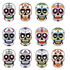 six sugar skulls with different colors and designs