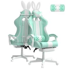 an office chair with bunny ears on the back and armrests in mint green