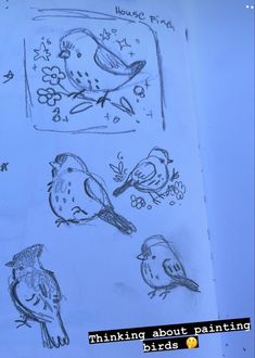 some birds are sitting on top of a piece of paper with the words thinking about painting