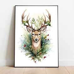 a painting of a deer with antlers on it's head and holly leaves