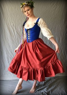 "Hike up your skirts and get ready to meander your local Festival! The perfect accompaniment to your Festival wear, this versatile Renaissance Faire skirt looks great in a rainbow of colors- you choose from the many colors of Kona Cotton (let me know your selection at checkout, see link below for color swatches). The Renaissance Faire Skirt is a versatile full petticoat with an adjustable drawstring waistband making it a less bulky option for wearing underneath your bodice. Comfortable and breat Ren Faire Outfits, Ren Faire Costume, Fair Outfits, Short Pollera, Fest Outfits, Festival Skirts, Corset Bodice, Fashion Fabric, Corsets