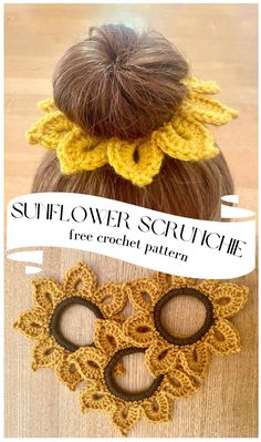 two crocheted hair clips with the words, sunflower scrunch free crochet pattern