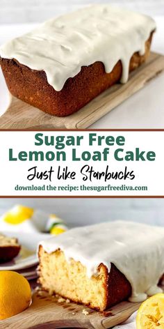 lemon loaf cake with white icing on a cutting board