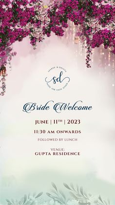 a wedding welcome card with purple flowers on it