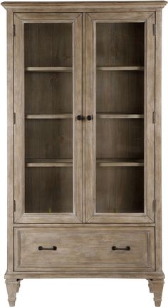 an old wooden cabinet with glass doors