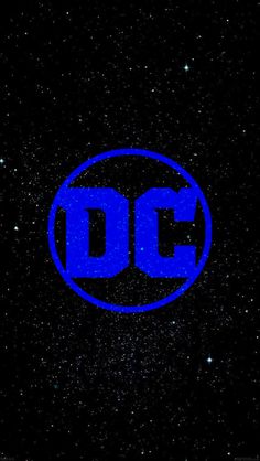 the dc logo is shown in blue on a black background with some stars around it