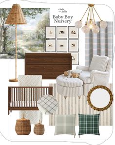 a baby boy nursery room is shown in this color scheme with neutrals and greens