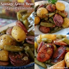 sausage green bean and potato casserole on a plate with a fork in it