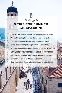 people walking down the street with text overlay that reads 9 tips for summer backpacking