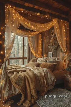 a bedroom with lights strung from the ceiling and curtains over the bed, along with a rug on the floor