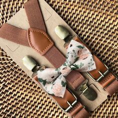 This neutral floral bow tie & brown vegan leather suspender set is a great choice for family photos, groomsmen gift, weddings, ring bearer outfit, gift, birthday celebration or any other special occasion. ❤ **Please Specify**  Bow Tie Only (w/ Clip or Neck Strap), Suspenders Only, or Bow Tie Only & Susp (Bow Tie and Suspenders) SUSPENDERS- One Pair of our Quality Suspenders BOW TIE - One Bow Tie on White Adjustable STRAP or Alligator CLIP PET BOWTIE w/ Elastic Loops- Slips on a Dog/Cat/Pet Colla Dapper Brown Bow Tie For Wedding, Brown Bow Tie For Wedding, Brown Bow Tie For Wedding And Father's Day, Adjustable Bow Tie Back Belt For Wedding, Elegant Brown Belts And Suspenders For Wedding, Adjustable Wedding Belt With Bow Tie Back, Adjustable Belts And Suspenders For Father's Day Gift, Adjustable Belts And Suspenders As Father's Day Gift, Ring Bearer Suit