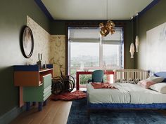 a bedroom with green walls and blue carpet