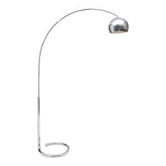 a chrome plated floor lamp with a curved arm and two lights on each side