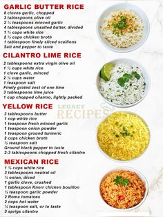 the ingredients for mexican rice are shown in this recipe board, which includes three different types of rice