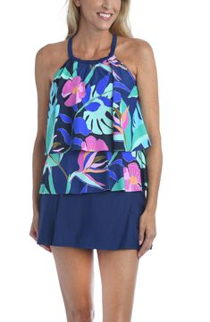 Free ship on orders $49 and up!Bring on the beach with this hi-neck double tier tankini swim top by Maxine of Hollywood. Molded cups, adjustable straps, and ruffle hem details create a flexible fit for this fun piece. FEATURES:• Tankini Top • Two tier fabric details • High neckline • Adjustable straps • Molded cupsFABRIC:82% Nylon,18% Elastane Tropical Print Halter Top For Beach Season Poolside, Tropical Print Halter Top For Poolside And Beach Season, Summer Pool Printed Halter Top, Summer Tropical Print Halter Top Beachwear, Summer Tropical Print Halter Top For Beachwear, Summer Beachwear Halter Top With Tropical Print, Halter Neck Tankini With Floral Print For Poolside, Spring Tropical Sleeveless Swimwear, Spring Tropical Sleeveless Tankini