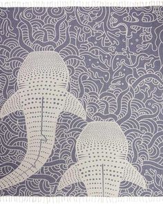 two elephants are standing in front of an intricate design on a blue and white background